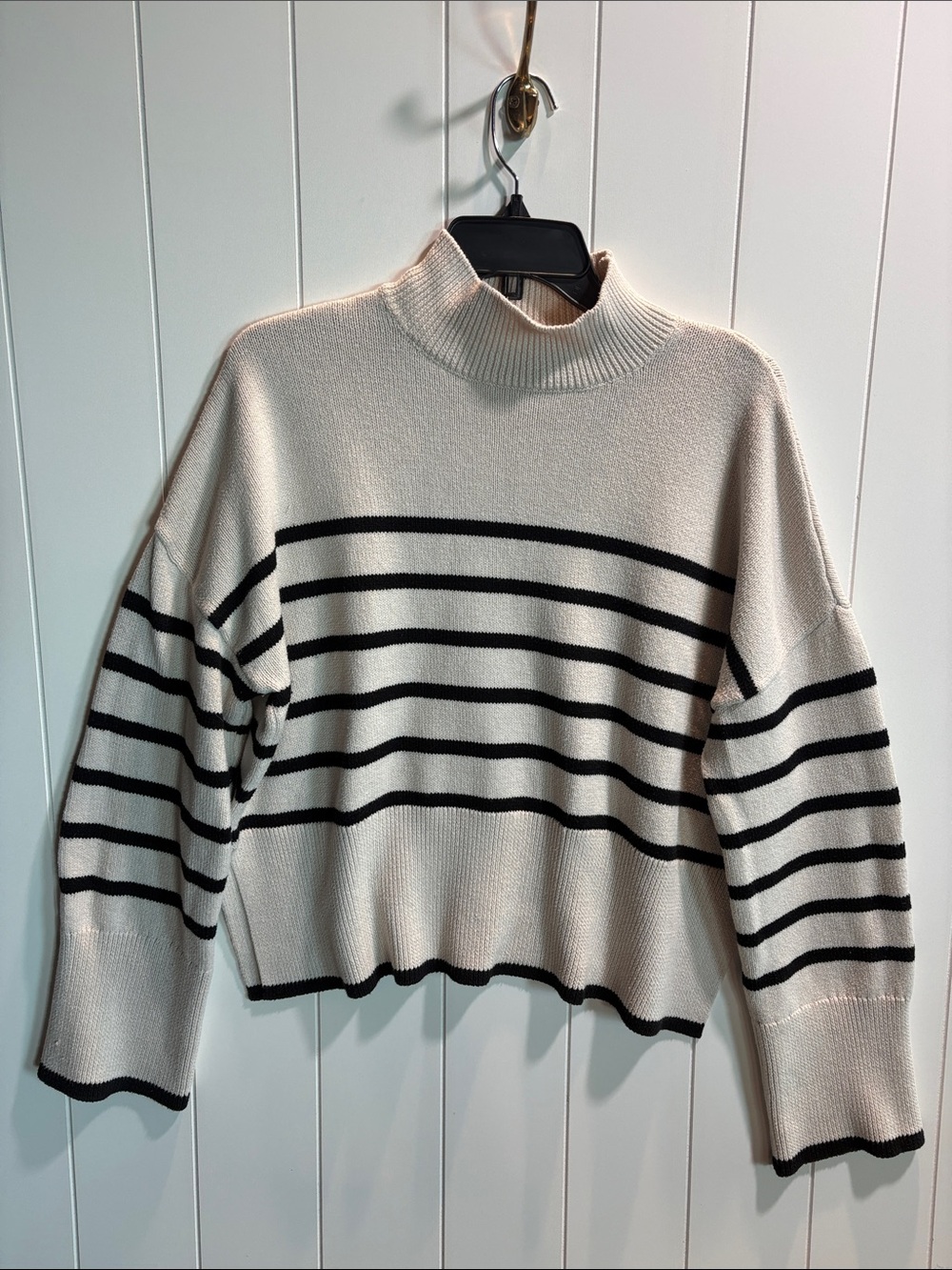 Sincerely Jules mock neck cotton blend cream and black stripe sweater oversize L